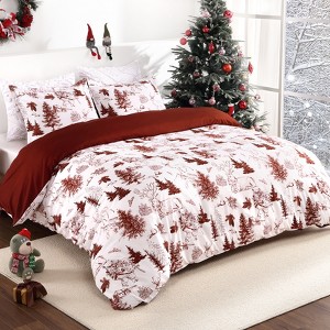 Christmas Duvet Cover Queen / King, Reversible Printed Comforter Cover Set Holiday Decorative Bedding, Soft Microfiber Red Duvet + 2 Pillow Shams - 1 of 4