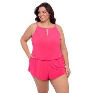 Aqua Green, Women's Keyhole Blouson Romper - 1 of 3