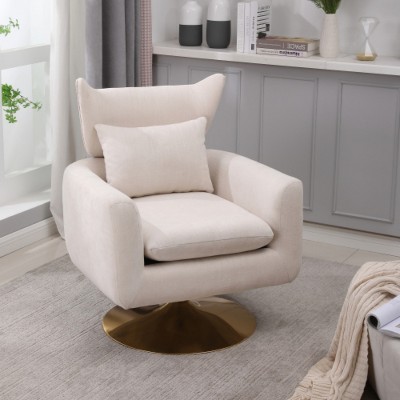 Beige Classic Mid-Century 360 Degree Swivel Armchair, Teddy Fabric
