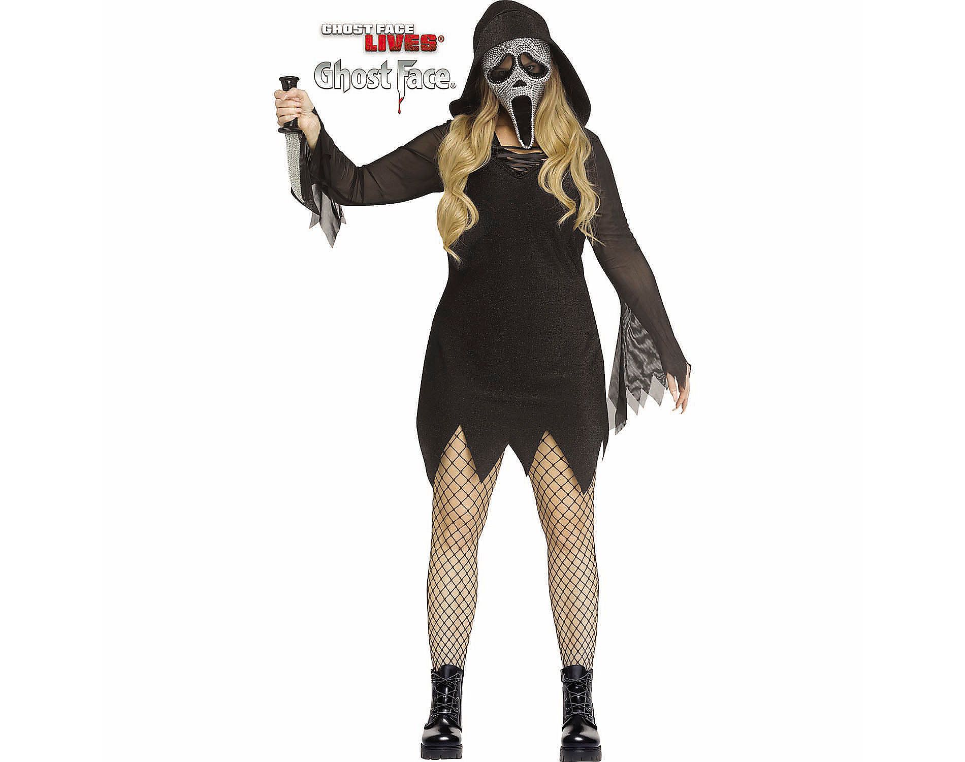 Ghost Face Women's Bling Plus Size Halloween Deluxe Costume Dress - Black 22W-24W