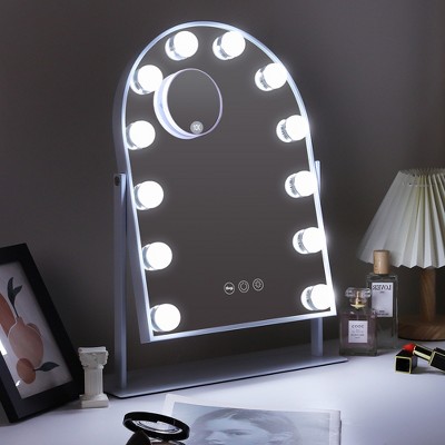 VANITII 14''x18'' Arched Vanity Makeup Mirror with Lights Metal Tabletop White