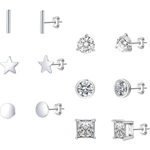 925 Sterling Silver CZ Stud Earrings: Round & Square Designs, 4/5/6-Piece Hypoallergenic Set - 1 of 4