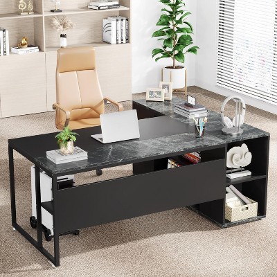 Black L-Shaped Executive Desk with Storage Cabinet and Shelves