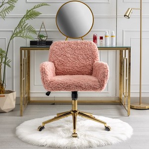 35.4"Furniture Office Chair,Artificial rabbit hair Home Office Chair with Golden Metal Base,Pink - 1 of 4