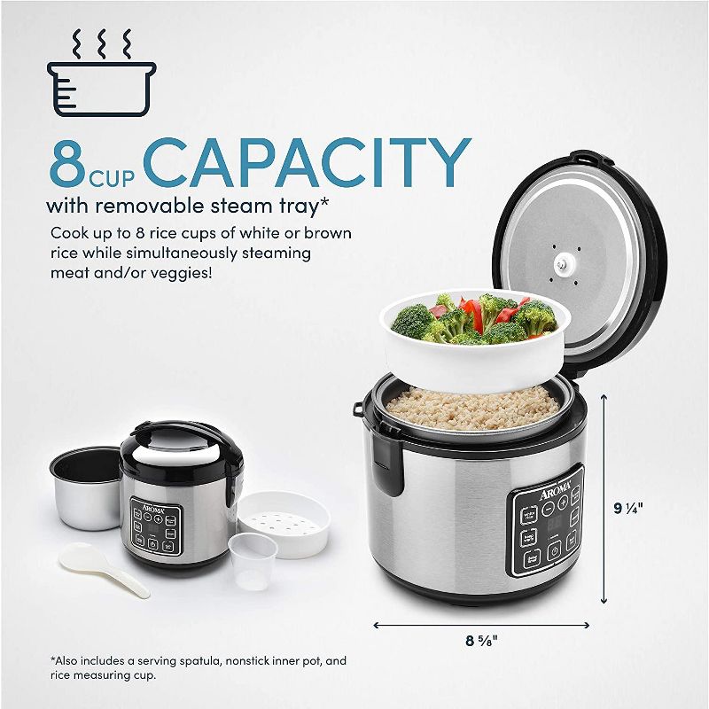 Aroma 64 Ounces Digital Cool-Touch Rice Cooker and Food Steamer, Stainless Refurbished, 3 of 5
