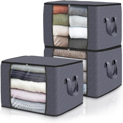 Attop Foldable Storage Bags 3-Pack 60L - Breathable Clothing Organizers with Handles & View Window for Blankets, Quilts, Clothes (Gray)