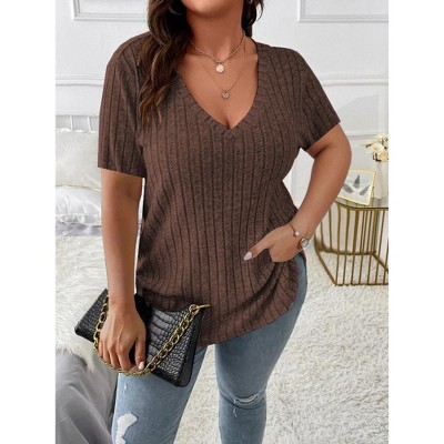 Women's Plus Size V Neck Casual Tops  Color Shirts Lightweight Short Sleeve Blouses