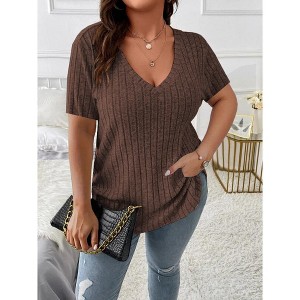 Women's Plus Size V Neck Casual Tops  Color Shirts Lightweight Short Sleeve Blouses - 1 of 2