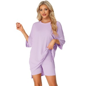 cheibear Women's Knit Loose Fit T-Shirt with Biker Shorts Lounge Sleepwear Pajama Sets - 1 of 4