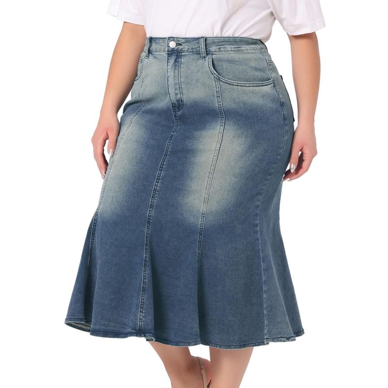 Agnes Orinda Women's Plus Size Elegant High Waist Pockets Mermaid Midi Bodycon Jean Skirts, 2 of 5
