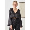 Slickblue Women’s Flare Sleeve Crop Top, Satin Finish, Button Detail, Black Night Look, S-M - 2 of 3