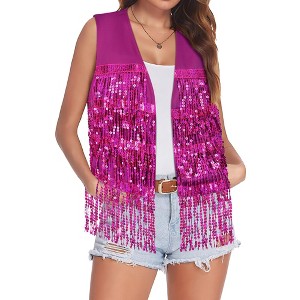 Nlife Women's Solid Color Sparkly Sequin Fringed Trim Sleeveless Glitter Jacket - 1 of 4