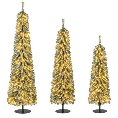 Tangkula 4' 5' 6' Artificial Christmas Tree Set of 3 Pencil Xmas Trees with Realistic Accumulated Snow Branch Tips LED Lights