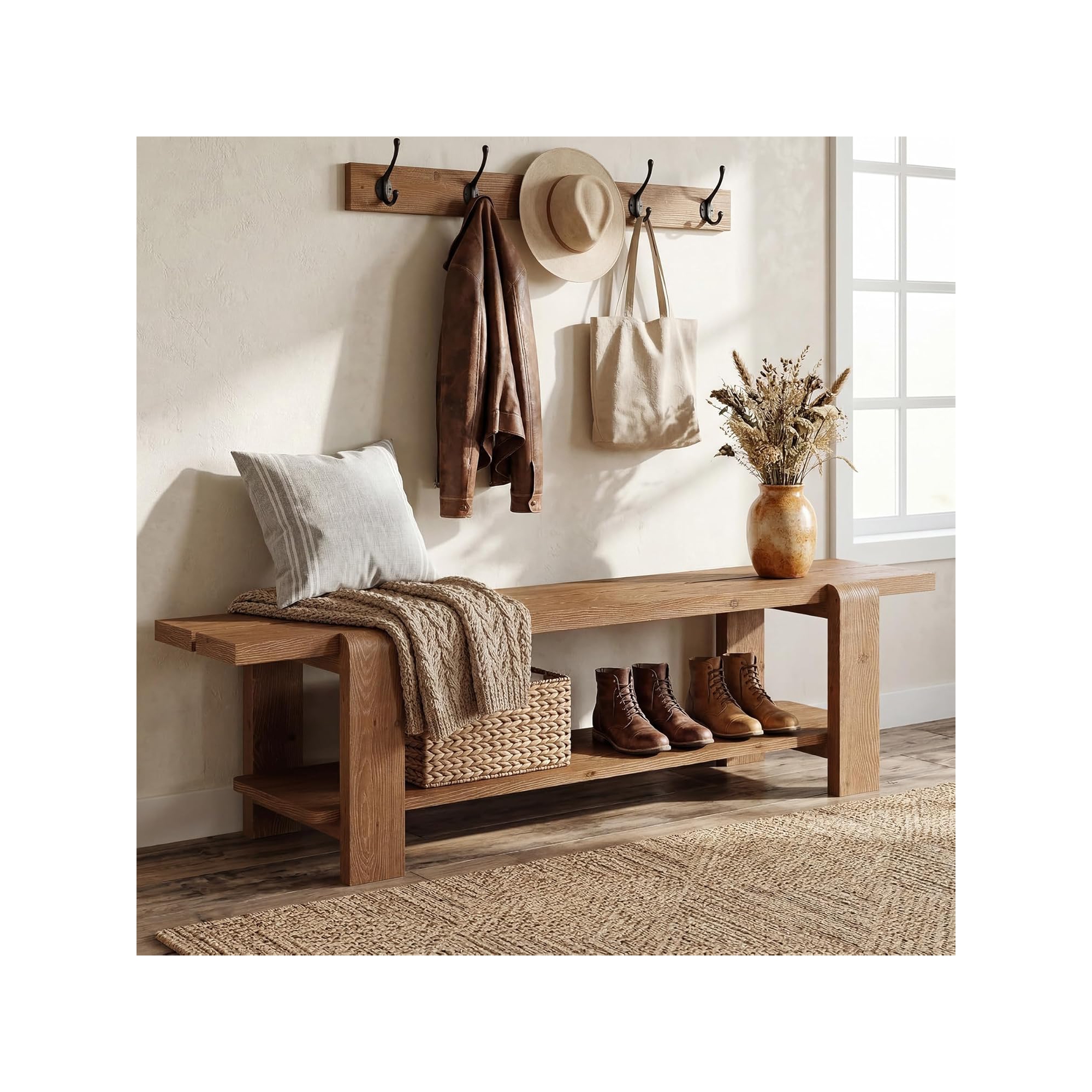 Lantine Solid Wood Entryway Bench with Shoe Storage Shelf, 63-Inch Long Farmhouse Entry Shoe Bench for Hallway, Living Room, Mudroom, Rustic Brown