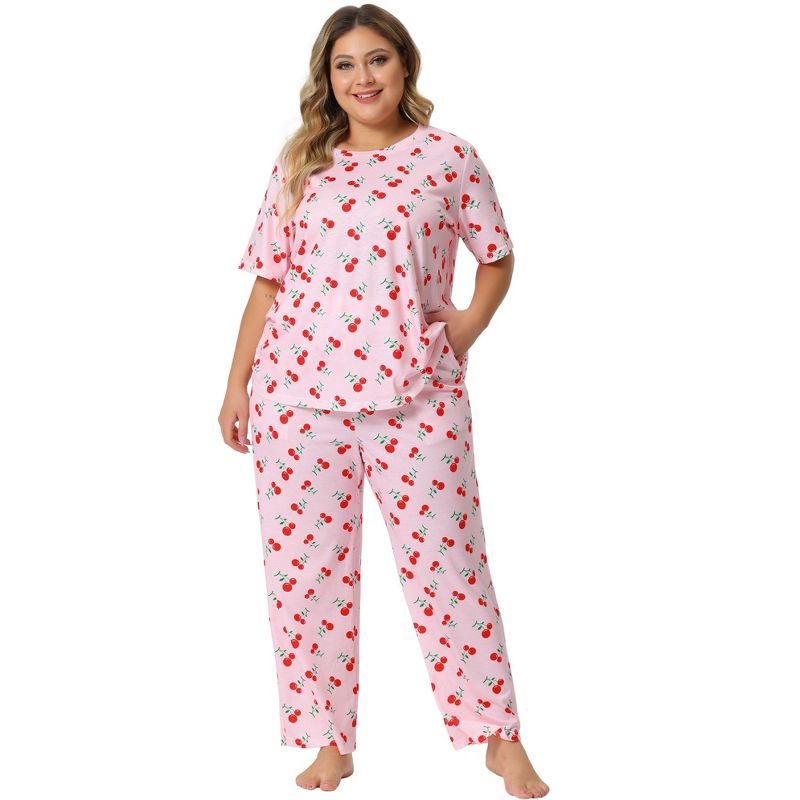Agnes Orinda Women's Plus Size Short Sleeve Cherry Print Elastic Soft Pockets Pajama Set 2 Pcs, 3 of 6