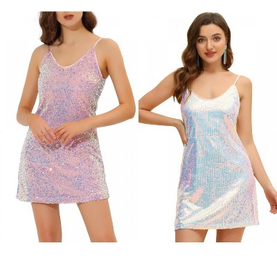 Allegra K Women's Glitter Sequin Spaghetti Strap V Neck Cocktail Sparkly Mini Dress 2 Packs