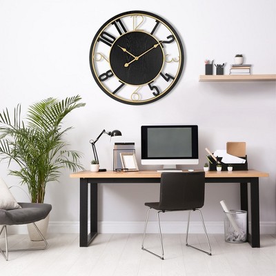 Sorbus 24" Black and Gold Wooden Wall Clock with Roman Numerals