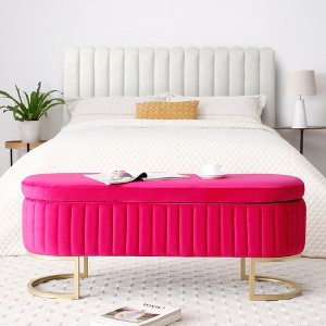 Okak 50" Oval Storage Ottoman Bench w Soft Velvet Upholstered Metal Legs Footrest Stool w Safety Hinge for Living Room, Entryway, Bedroom, Rose Red - 1 of 4