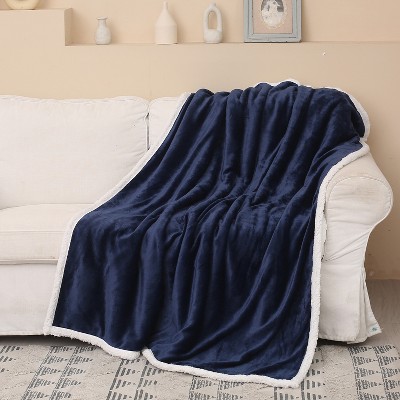 Navy Blue Reversible Sherpa Fleece Throw Blanket, 50x60 inches