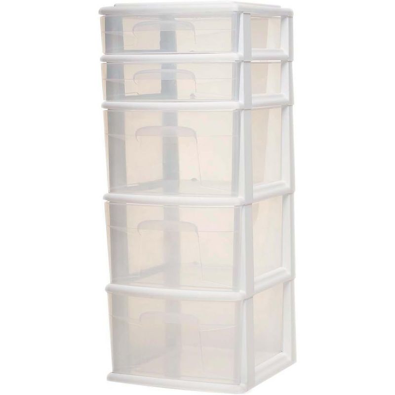 Homz Clear Plastic 5 Drawer Medium Home Organization Storage Container Tower with 3 Large Drawers and 2 Small Drawers, White Frame (2 Pack), 3 of 8