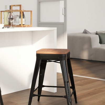 24" Black Metal and Wood Backless Counter Stool