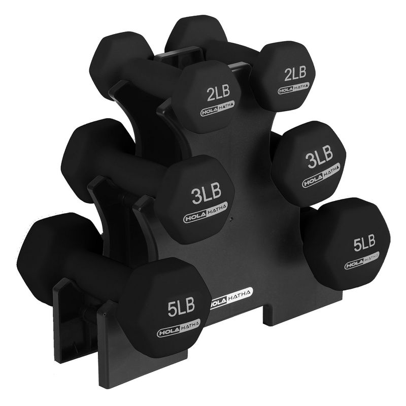 HolaHatha Neoprene Coated Hex Dumbbell Weight Training Home Gym Equipment Set with 2, 3, & 5 Pound Fitness Hand Weights and Storage Organization Rack, 1 of 7