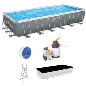 Bestway Power Steel 24' x 12' x 52" Rectangular Metal Frame Above Ground Swimming Pool Set with 1500 GPH Sand Filter Pump, Ladder, and Pool Cover - 1 of 4