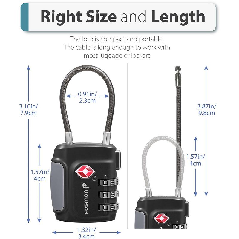 Fosmon TSA Accepted Cable Luggage Lock with 3-Digit Combination - Black, 4 of 8