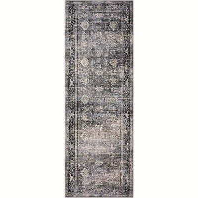 Vintage Distressed Runner Rug, Washable Non-Slip Floral Print Low Pile Carpet for Hallway, Kitchen, Bedroom