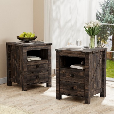Nightstand Set of 2, Farmhouse End Table with Charging Station & 2 Drawers, 18″ Wood Bedside Table for Bedroom/Living Room/Hallway