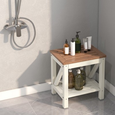 Brown and White HDPE Waterproof Shower Bench with Storage Shelf