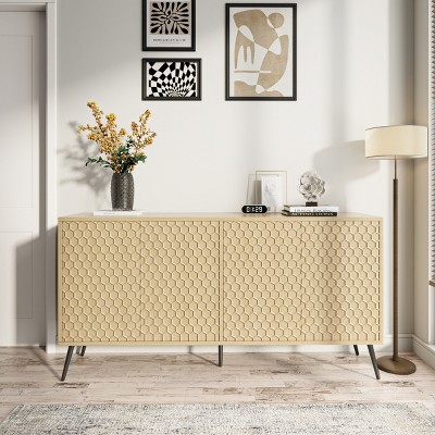 63" Modern Sideboard Buffet Cabinet with Honeycomb Doors and 4 Adjustable Shelves for Dining Room or Entryway-Baofuwish