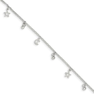 Black Bow Jewelry Sterling Silver 1.5mm Rolo Chain Moon, Star And Bead Anklet, 9-10 Inch - 1 of 4