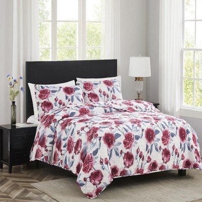 King Size Red Floral Microfiber Quilt Set