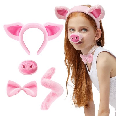 Joyfy 4 Pcs Pink Pig Halloween Costume Accessory Set for Child with Pig Ears Headband, Pig Snout, Bow Tie, Tail, Cosplay Dress Up Party