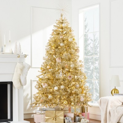 Best Choice Products Prelit Artificial Tinsel Christmas Tree Festive Holiday Decoration w/ Stand - Gold