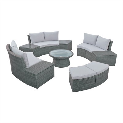 COWLOWN 10-Piece Modular Patio Sectional Set, Half Round PE Wicker Sofa with Tempered Glass Tables