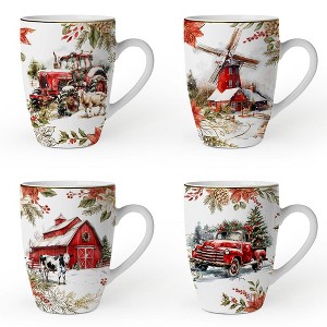 Fancy Farmhouse Holiday Set of 4 Ceramic Mugs with Real Gold Trim, Rustic Christmas Kitchen Coffee Cup Decoration| OrnamentallyYou - 1 of 4