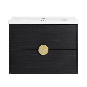 28 Inch Wall-Mounted Bathroom Vanity with Ceramic Sink and Storage Drawers - Black - 1 of 4