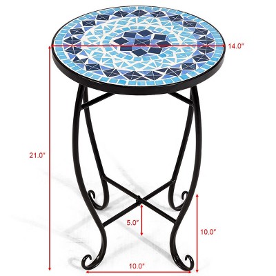 Blue Mosaic Round Glass Top Steel Accent Table