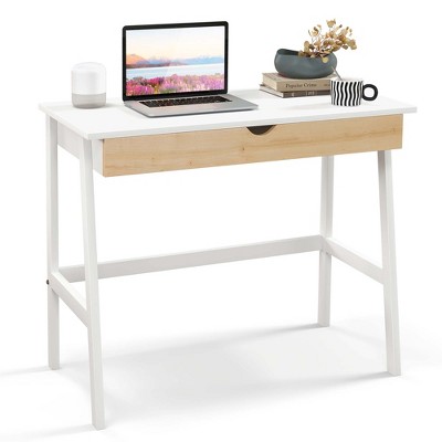 Costway Computer Desk Wooden Workstation Vanity Table w/ 1 Drawer & Rubber Wood Legs