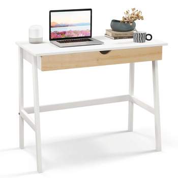 Costway Computer Desk Wooden Workstation Vanity Table w/ 1 Drawer & Rubber Wood Legs