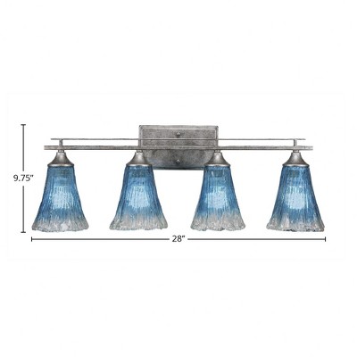 Toltec Lighting Uptowne 4 - Light Vanity in  Aged Silver with 5.5" Fluted Teal Crystal  Shade