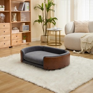 Okak Oval Elevated Solid Wood Pet Bed for Large Dogs,Comfy Cushion Dog Sofa Bed with Walnut Bent Back - 1 of 4