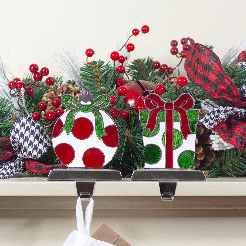 Northlight Set of 2 Green, Red, and Silver Gift Box Christmas Stocking Holder, 2 of 5