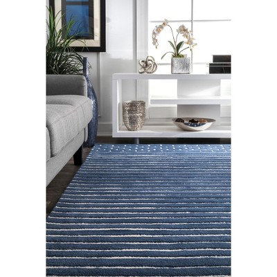 Mandia Navy Striped Hand-Tufted Wool Runner Rug, 2' 6" x 8'