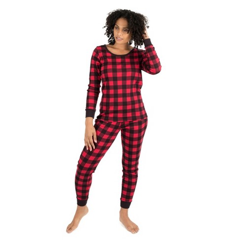 Leveret Womens Two Piece Cotton Christmas Pajamas Plaid Black and Red XS