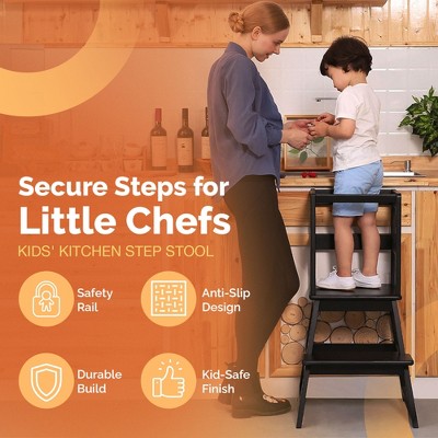 Black Wooden 2-Step Kids Kitchen Step Stool with Safety Rail
