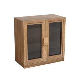 HomeRoots 31" Natural And Clear Glass Door Accent Cabinet With Three Shelves - 1 of 4