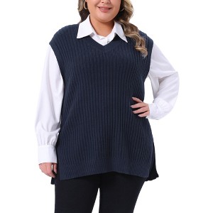 Women's Plus Size Ribbed Knit Split Hem V Neck Sleeveless Casual Loose Sweater Vest - Agnes Orinda - 1 of 4